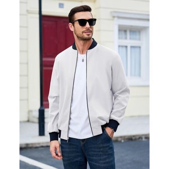 Men's White Lightweight Casual Style Bomber Jacket Golf Coat Zip Up Pockets - Picture 2 of 8